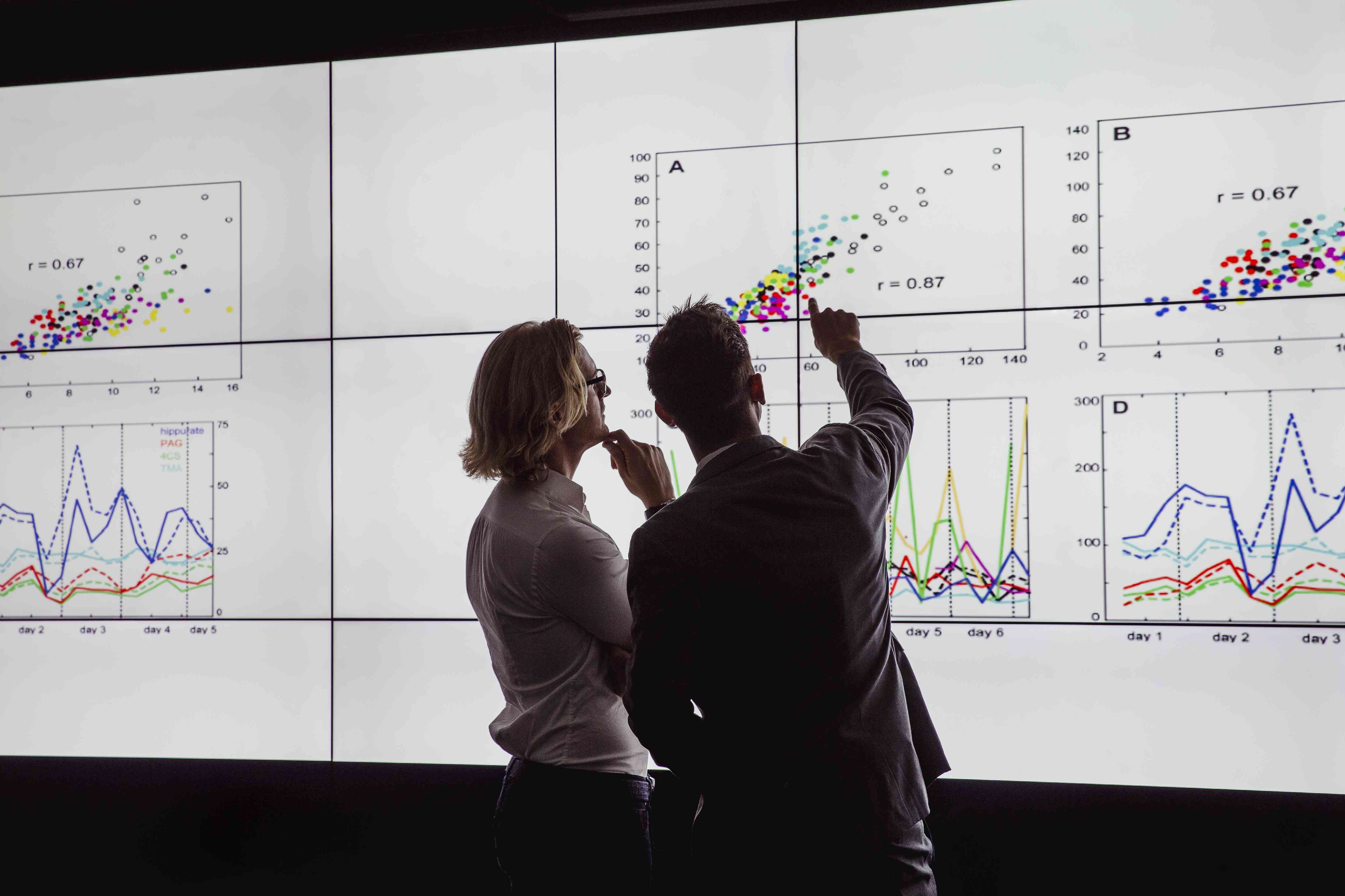 Two people in a room standing in front of a large data display