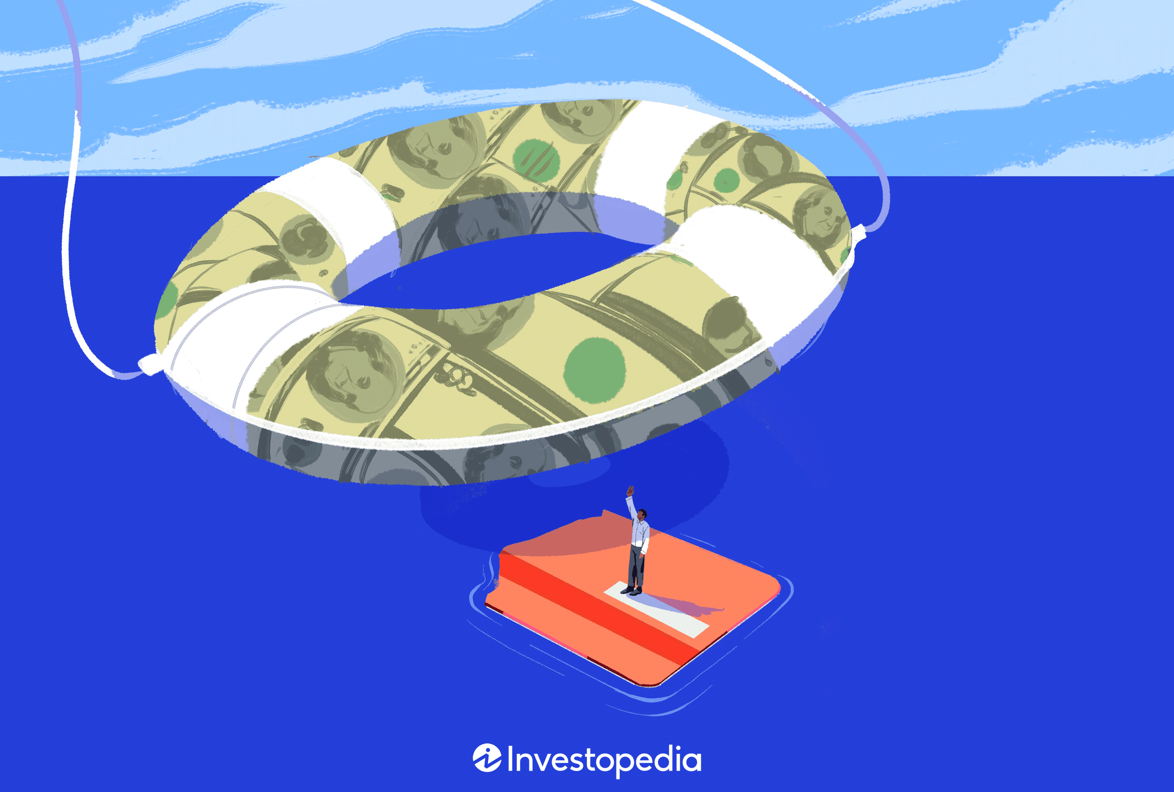 An illustration of a man on an orange raft in the middle of the ocean with a giant life raft decorated as money thrown to him for the best loans for bad credit article.