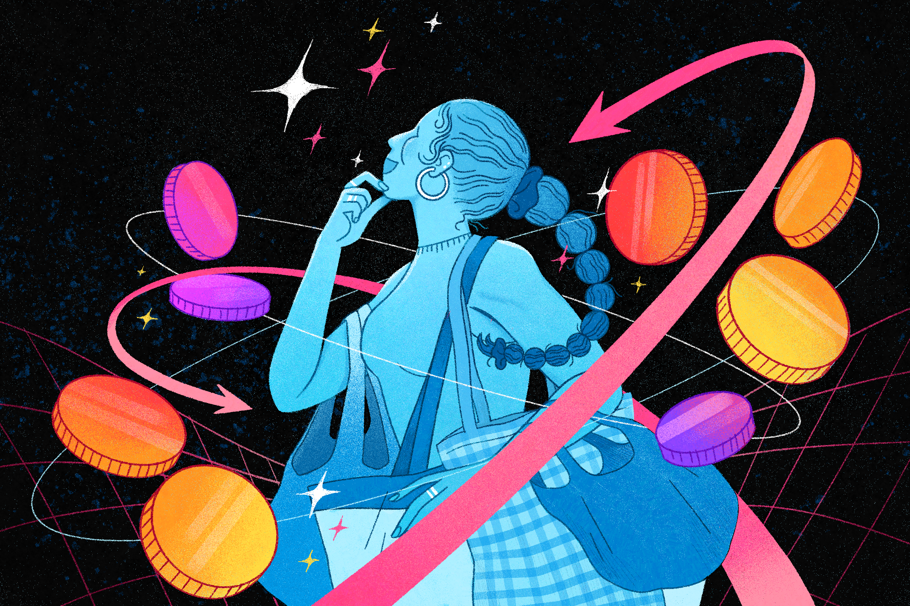 Illustration of a woman considering her financial independence options. The woman carries multiple bags and is surrounded by coins, which orbit her like electrons, but her gaze is fixed on the starry sky above her.