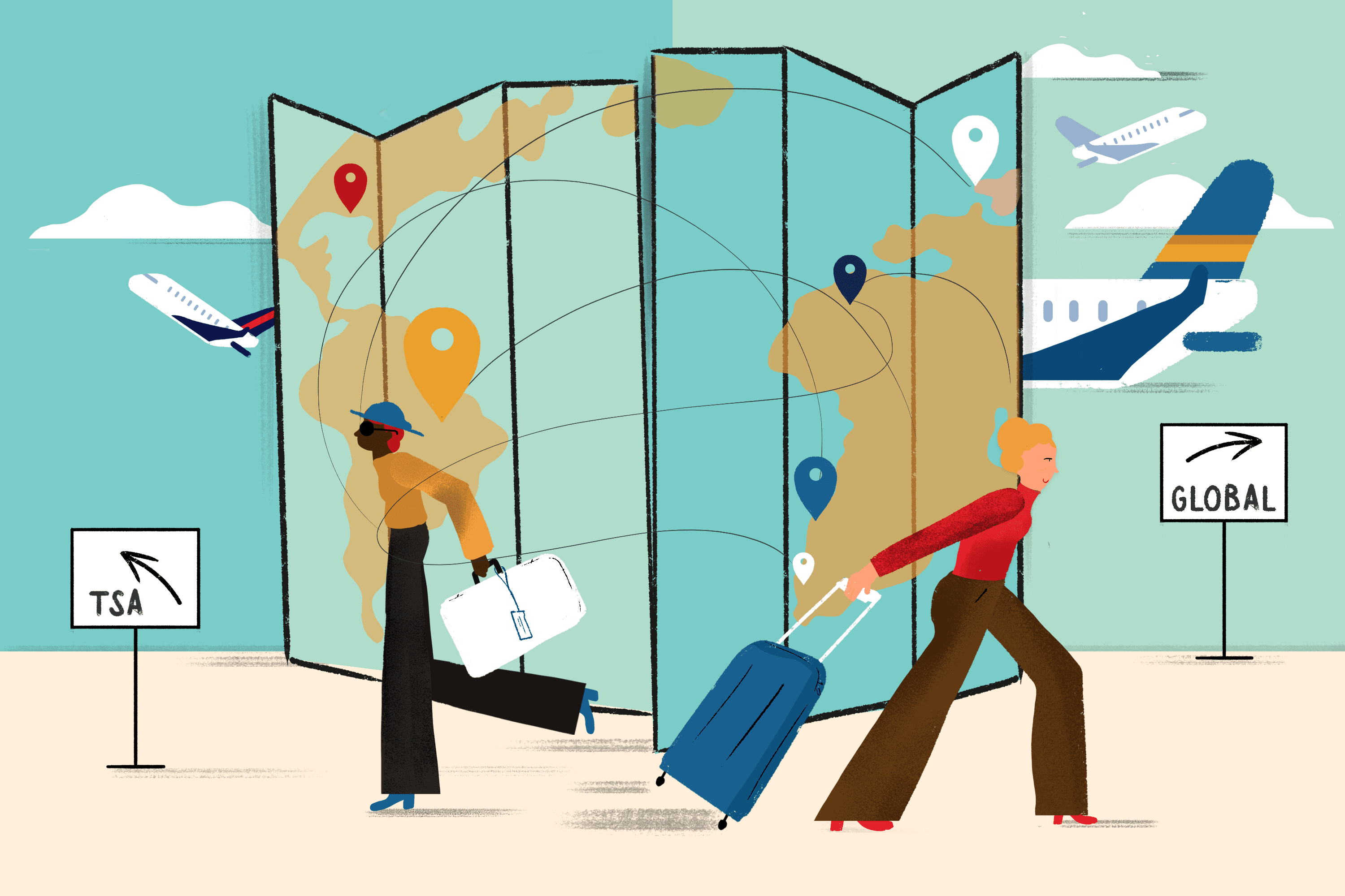 Two women with luggage walking in opposite directions. One walking towards a global entry sign, and one towards TSA PreCheck sign.